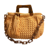 Giselle Peach Blossom handbag, hand-crocheted peach luxury handbag with resin handle, tassel and chain strap