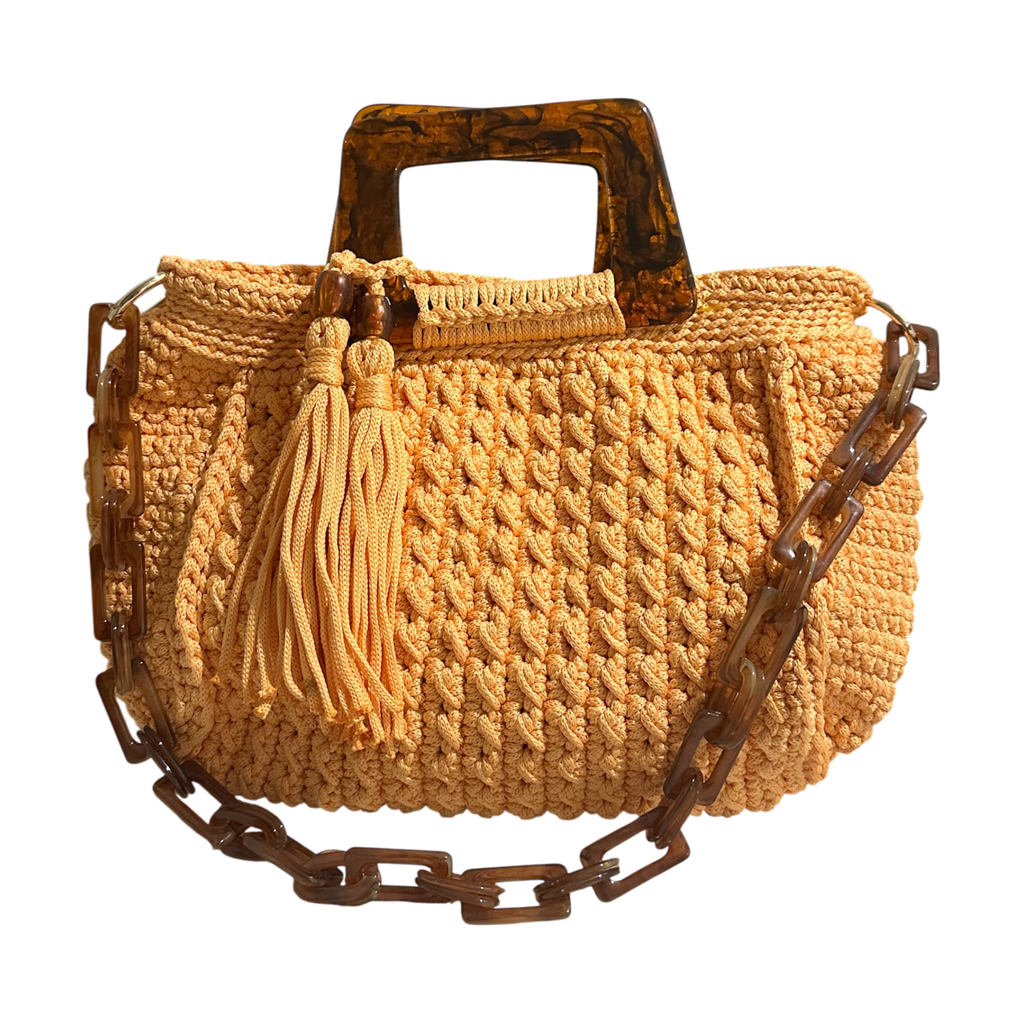 Giselle Peach Blossom handbag, hand-crocheted peach luxury handbag with resin handle, tassel and chain strap
