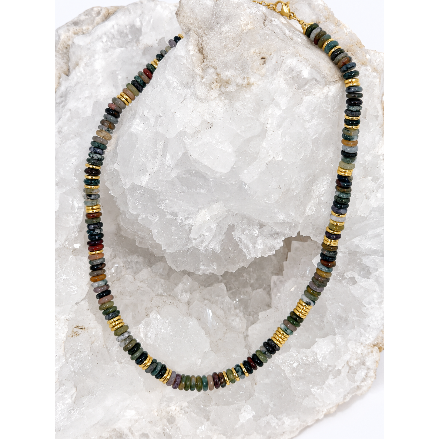 Kaleidoscope Necklace handcrafted with natural mixed agate disc beads in varied earthy tones and warm gold-plated details.