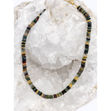 Kaleidoscope Necklace handcrafted with natural mixed agate disc beads in varied earthy tones and warm gold-plated details.