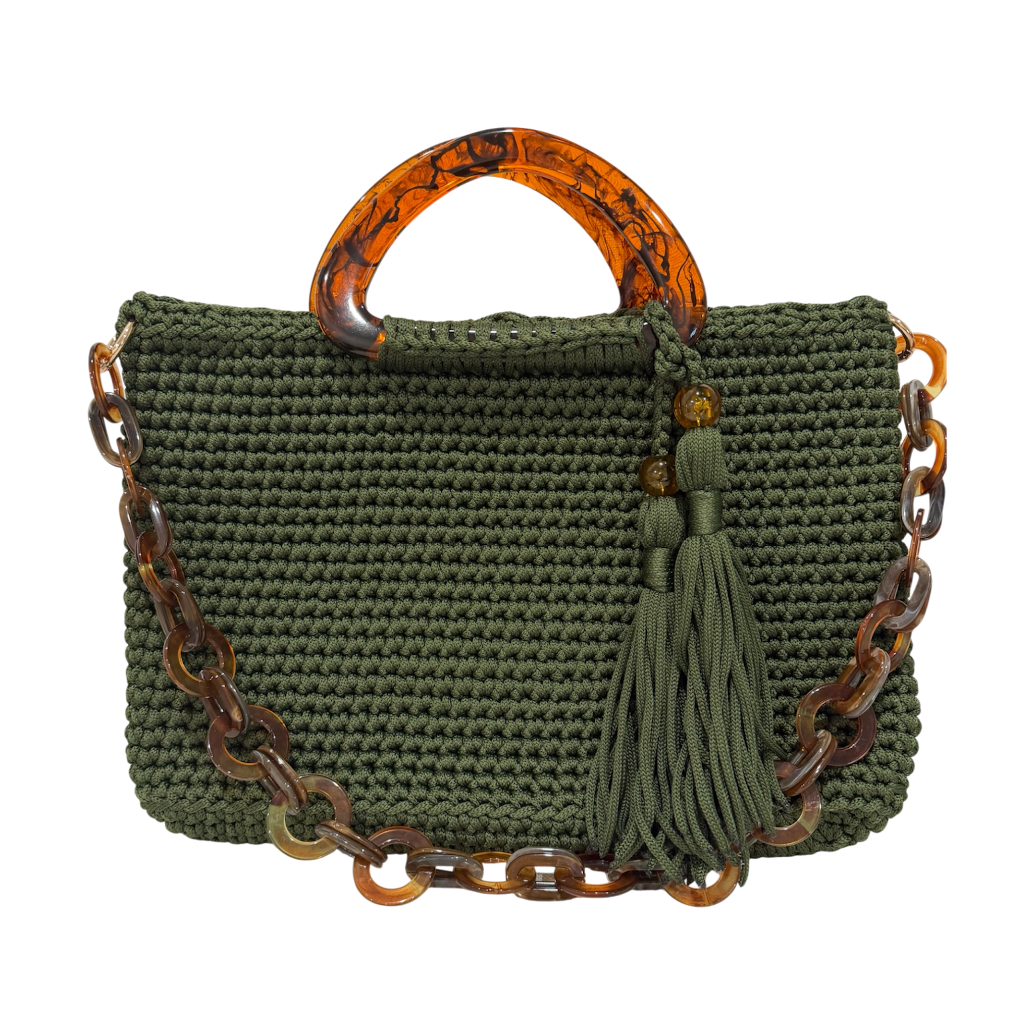Deep olive hand-crocheted Monique handbag featuring a rounded marbled resin handle, coordinating resin-link chain, and twin tassel details.