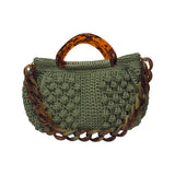 Olive green hand-crocheted Paloma handbag with dimensional texture, warm marbled resin top handle, and coordinating resin chain.