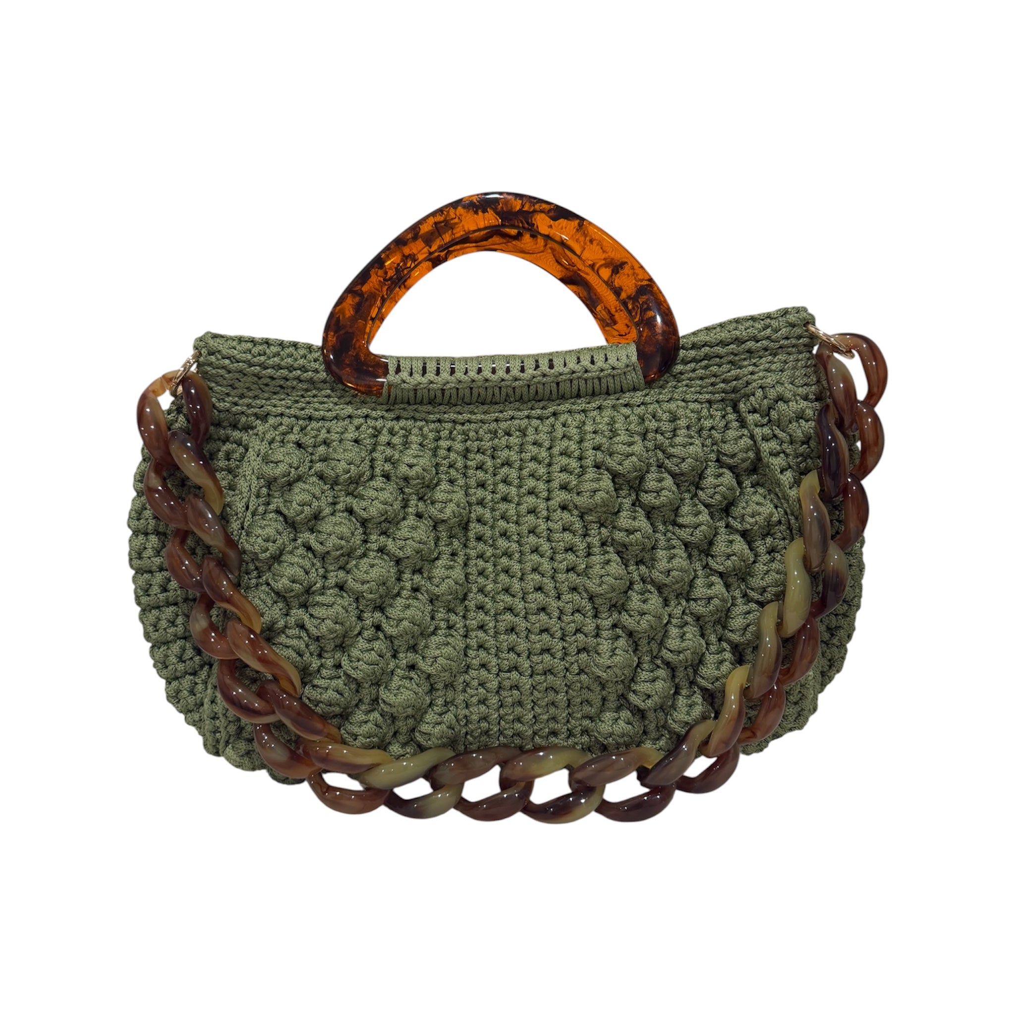 Olive green hand-crocheted Paloma handbag with dimensional texture, warm marbled resin top handle, and coordinating resin chain.