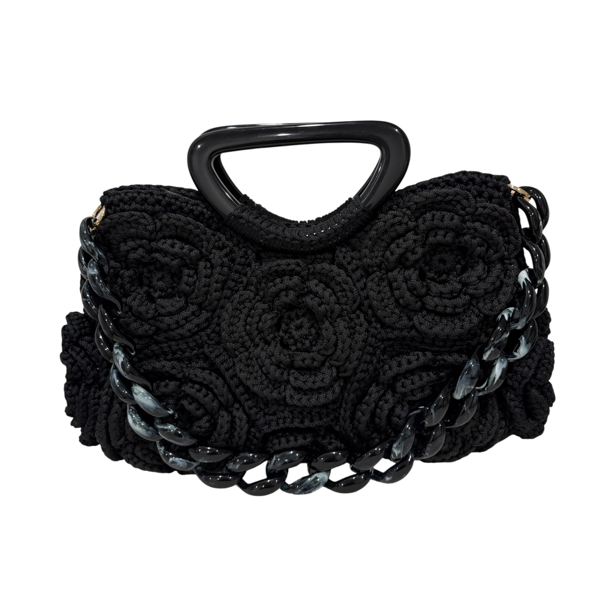 Black hand-crocheted Paris handbag featuring sculptural rosette detailing, black resin handle, and marbled black resin chain with subtle gray and white accents