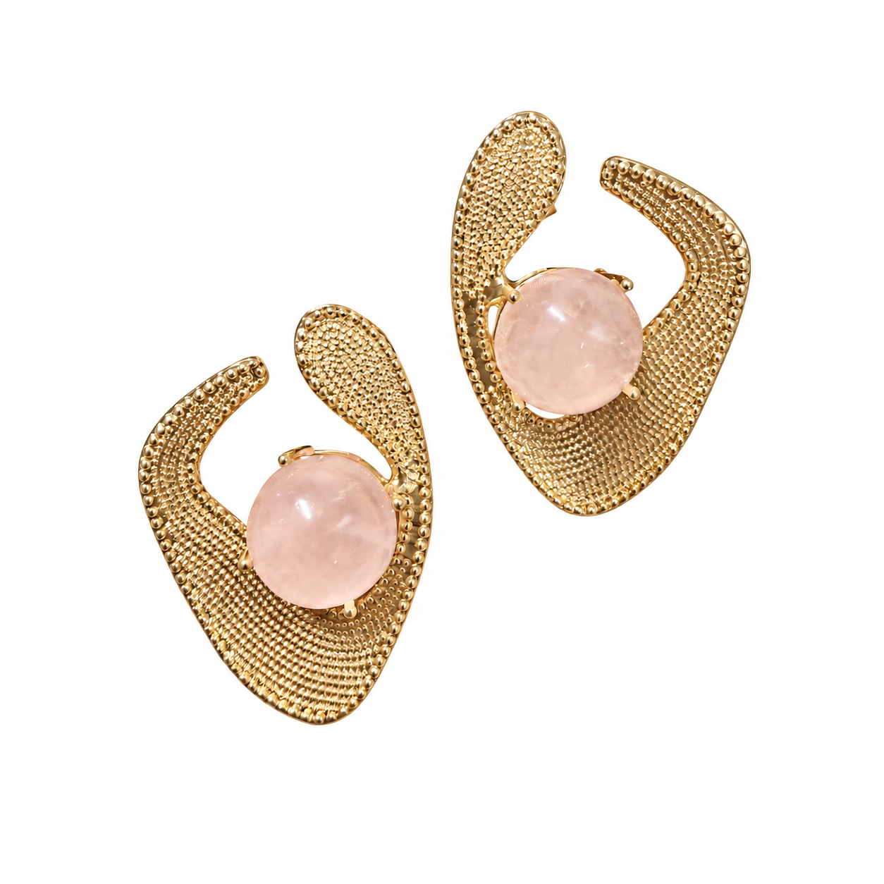 Sculptural yellow-gold earrings featuring polished 12 mm round rose quartz cabochons.
