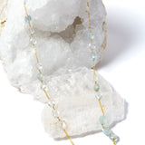 Serenity Mist long necklace featuring approximately 127 carats of natural faceted aquamarine gemstones set along a gold-plated chain in a graceful, fluid design.
