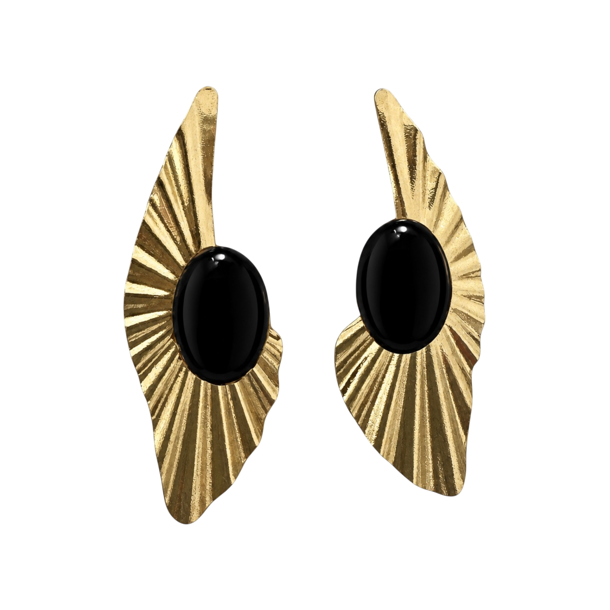 Solari black onyx statement earrings featuring natural black onyx, a sculptural gold-plated design, and a lightweight silhouette with bold, contemporary elegance.