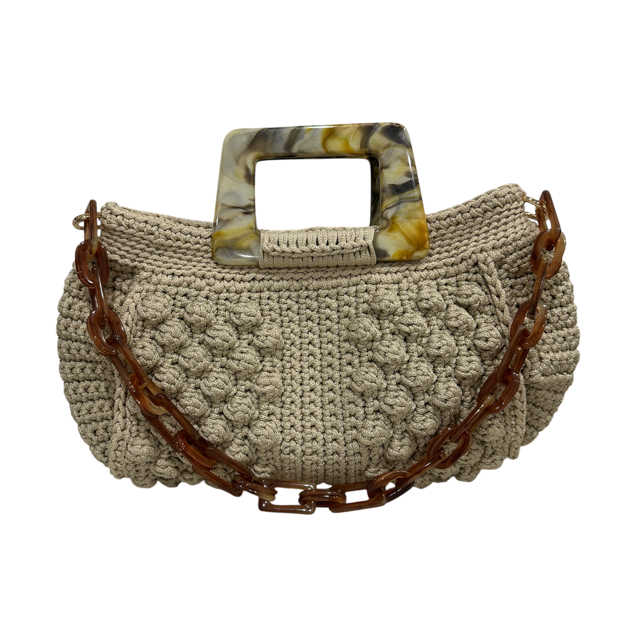 Hand-crocheted Paloma handbag in a soft stone-toned neutral with refined textured stitching, featuring a marbled resin top handle and a coordinating chain strap.