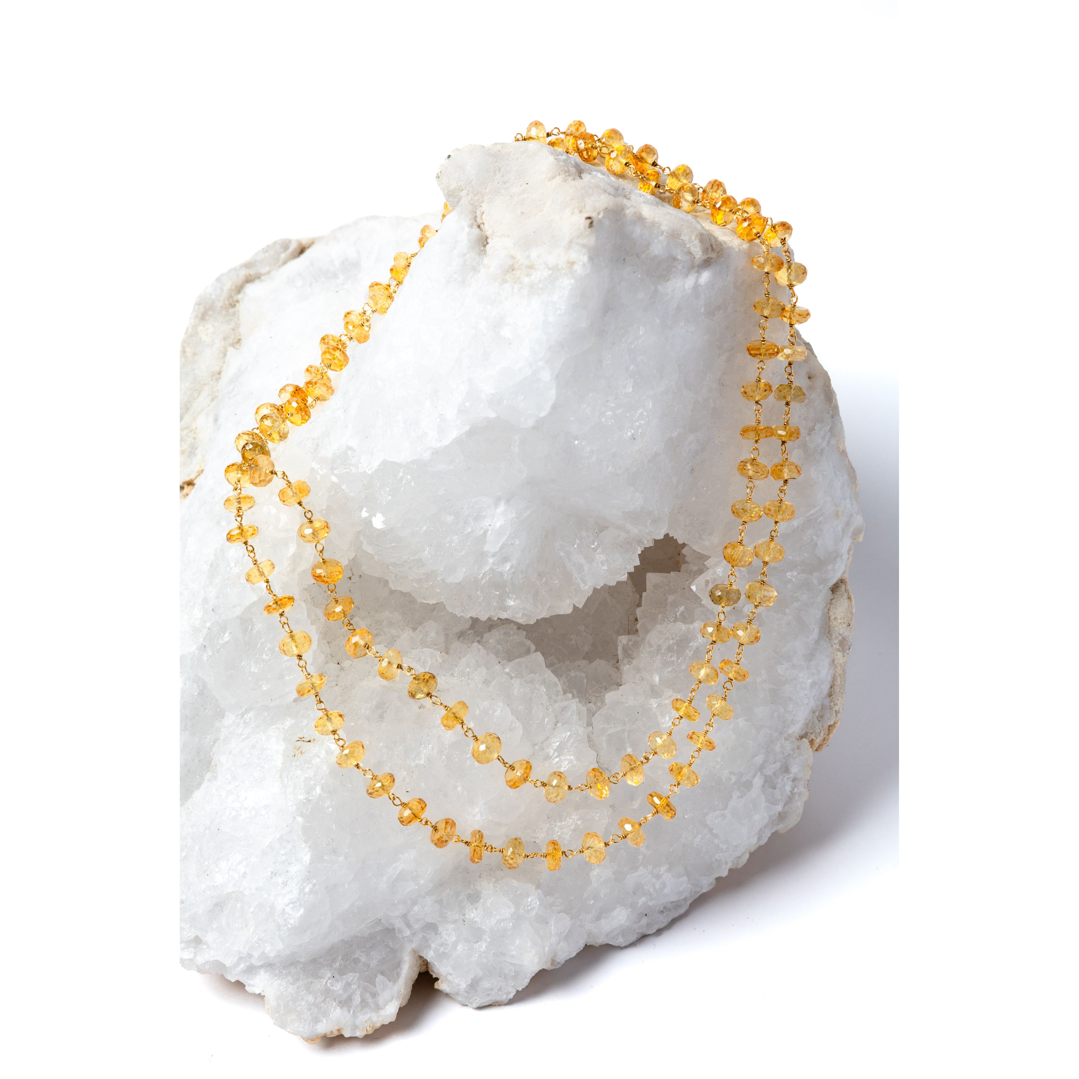 Sunkissed natural citrine necklace styled as a shorter double strand, showcasing its versatile 36-inch length and luminous golden gemstones.