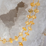 Close-up of faceted natural citrine gemstones showing their intense golden-yellow color, clarity, and luminous brilliance.