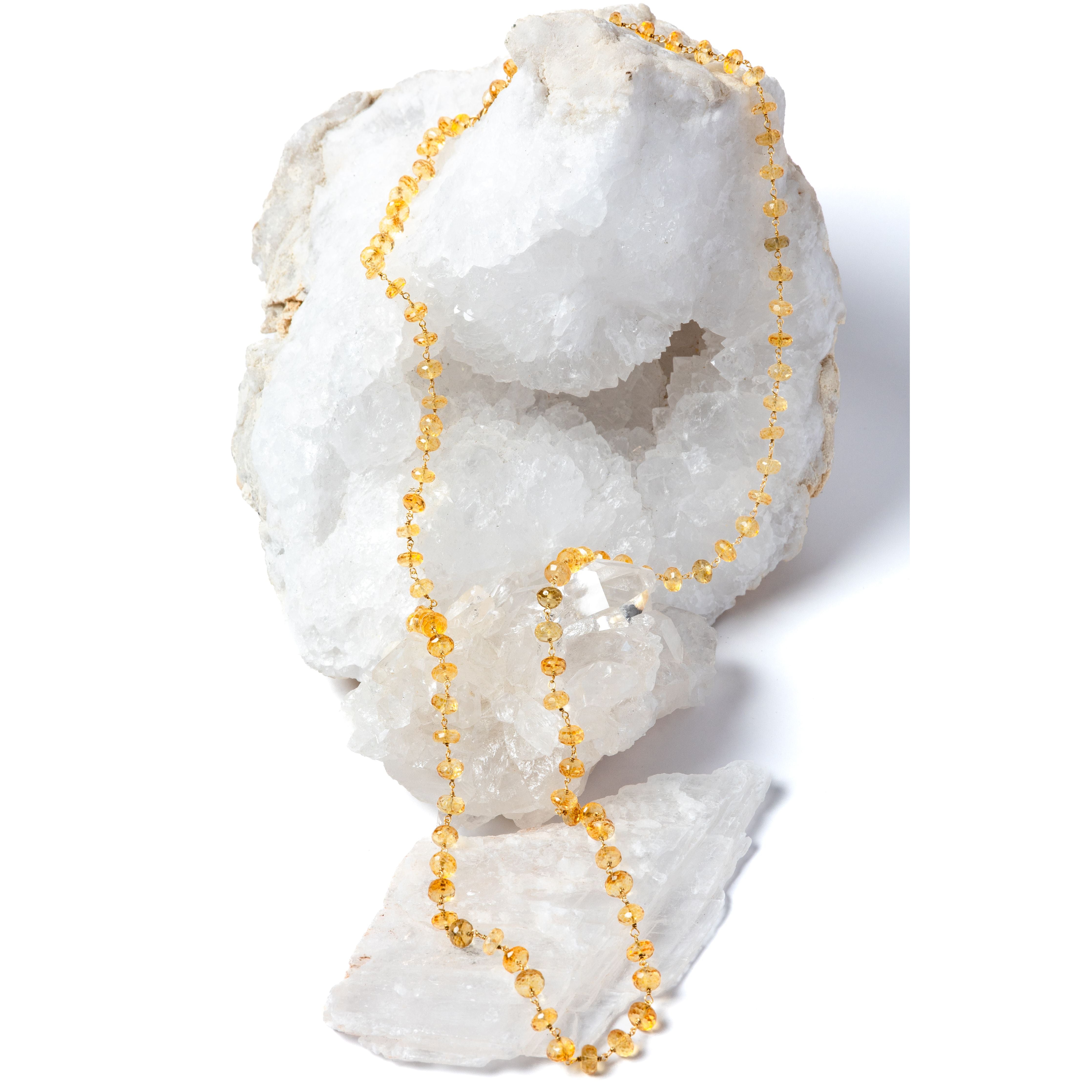 Sunkissed 36-inch natural citrine necklace featuring intensely golden-yellow faceted gemstones and gold-plated details.