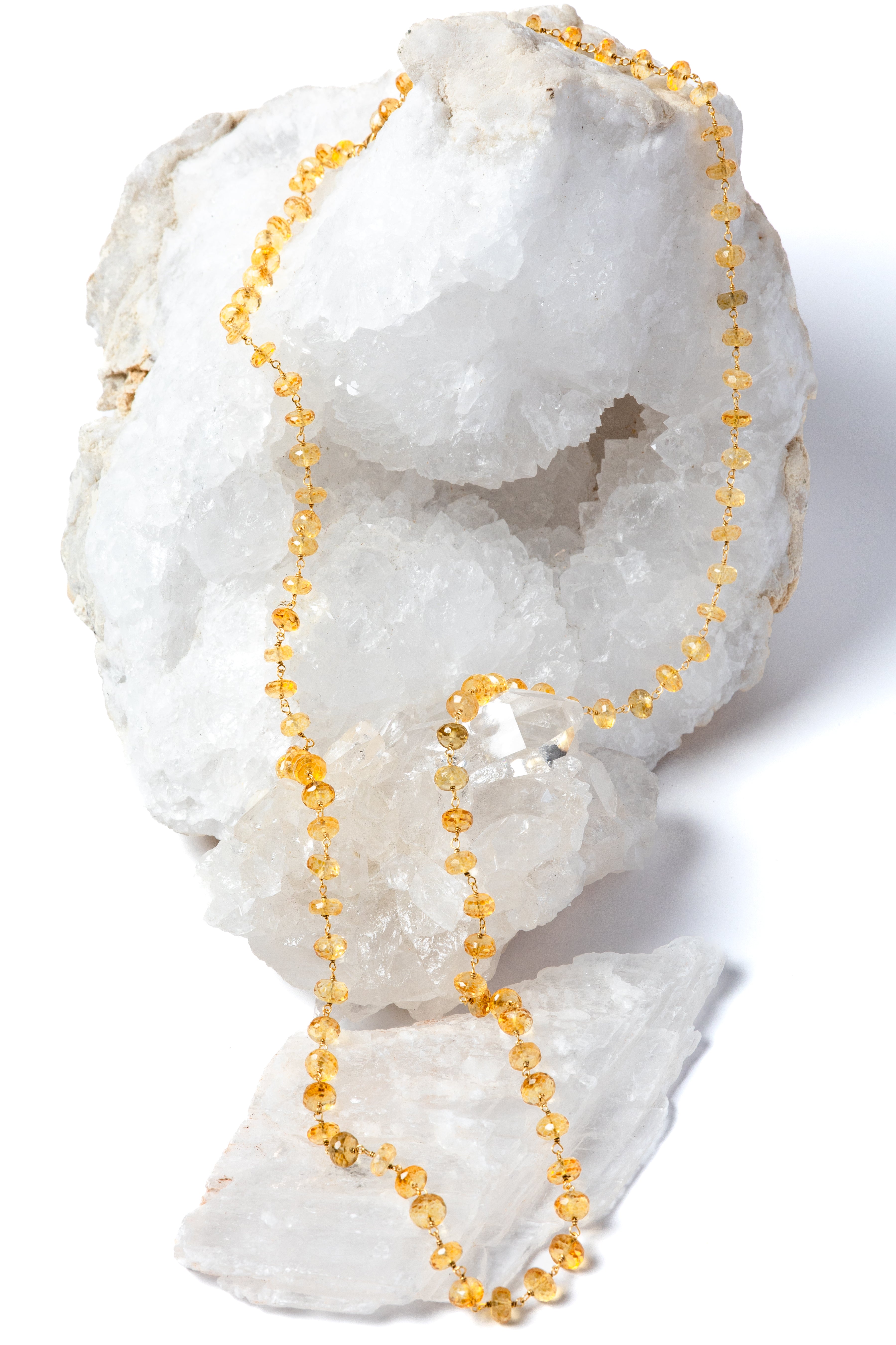Sunkissed 36-inch natural citrine necklace featuring intensely golden-yellow faceted gemstones and gold-plated details.