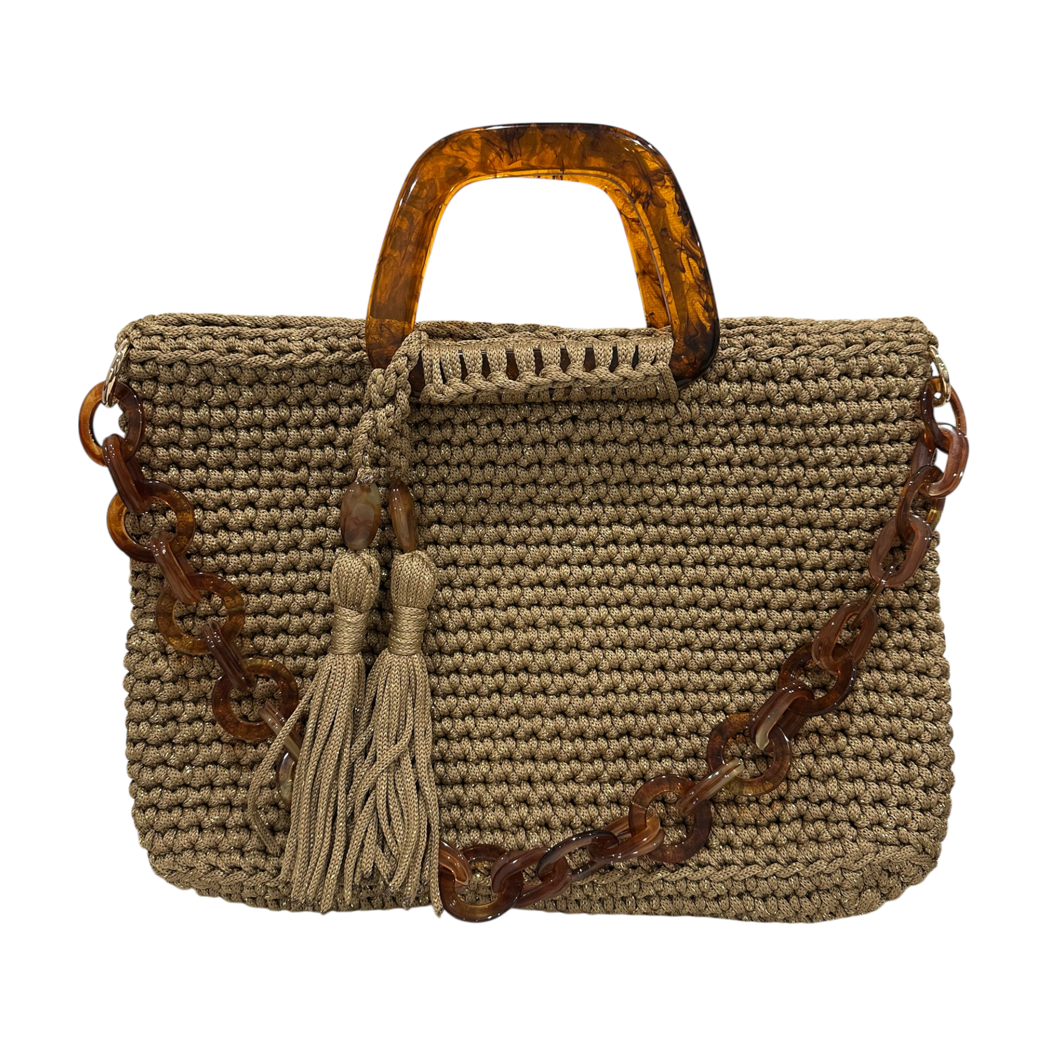 Hand-crocheted Monique handbag in a soft golden sand tone with subtly luminous texture, featuring a sculptural resin top handle and a coordinating chain strap.