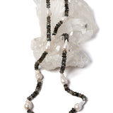 Twilight long statement necklace featuring faceted natural labradorite gemstones and luminous baroque pearls.