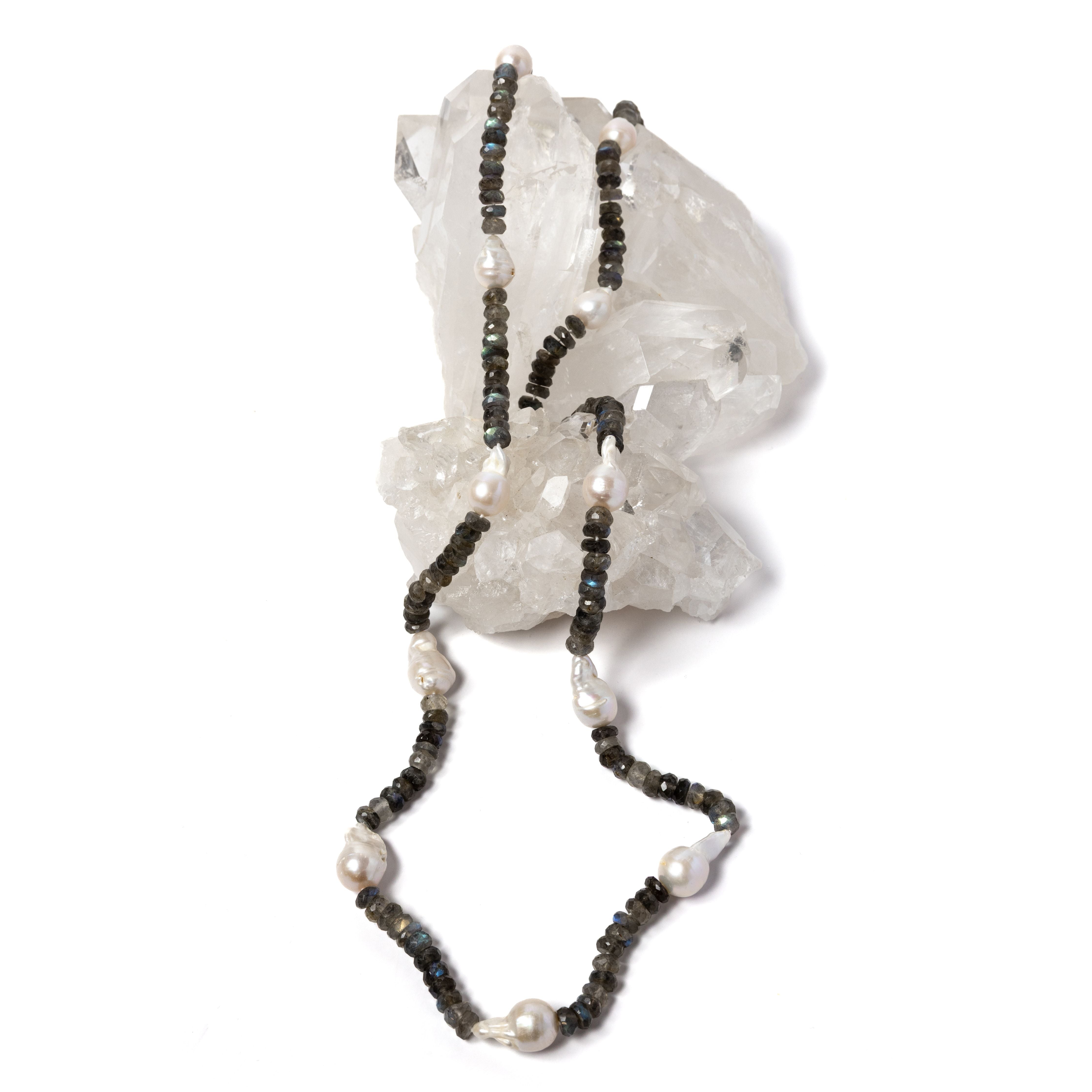 Twilight long statement necklace featuring faceted natural labradorite gemstones and luminous baroque pearls.