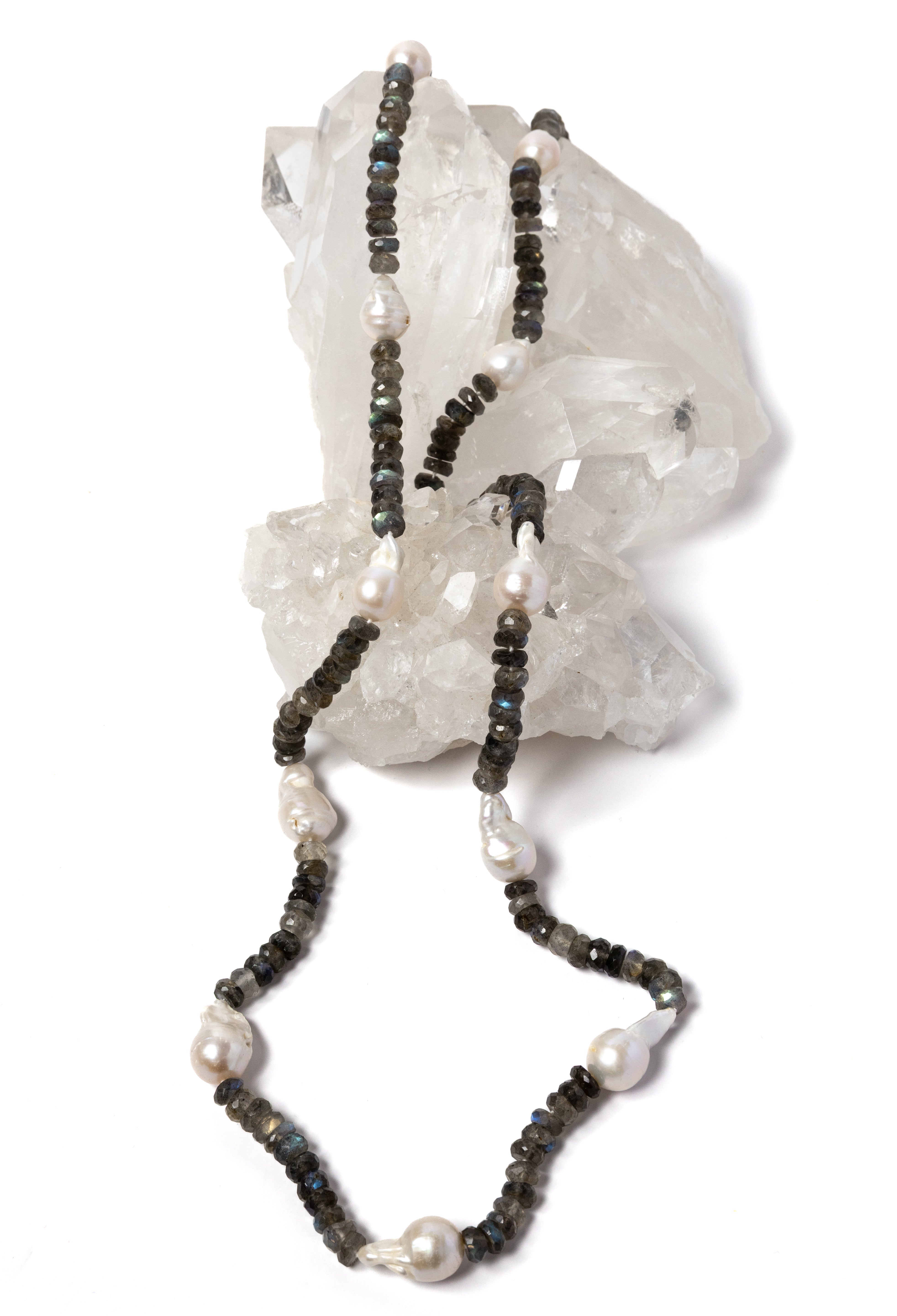 Twilight long statement necklace featuring faceted natural labradorite gemstones and luminous baroque pearls.