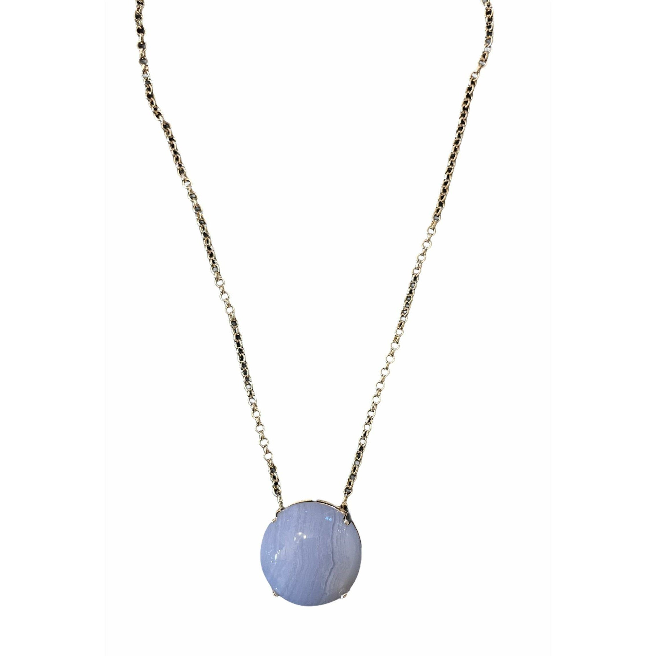 Blue lace stone cabochon necklace with 18k gold-plated chain and polished soft blue gemstone pendant with lavender and gray undertones