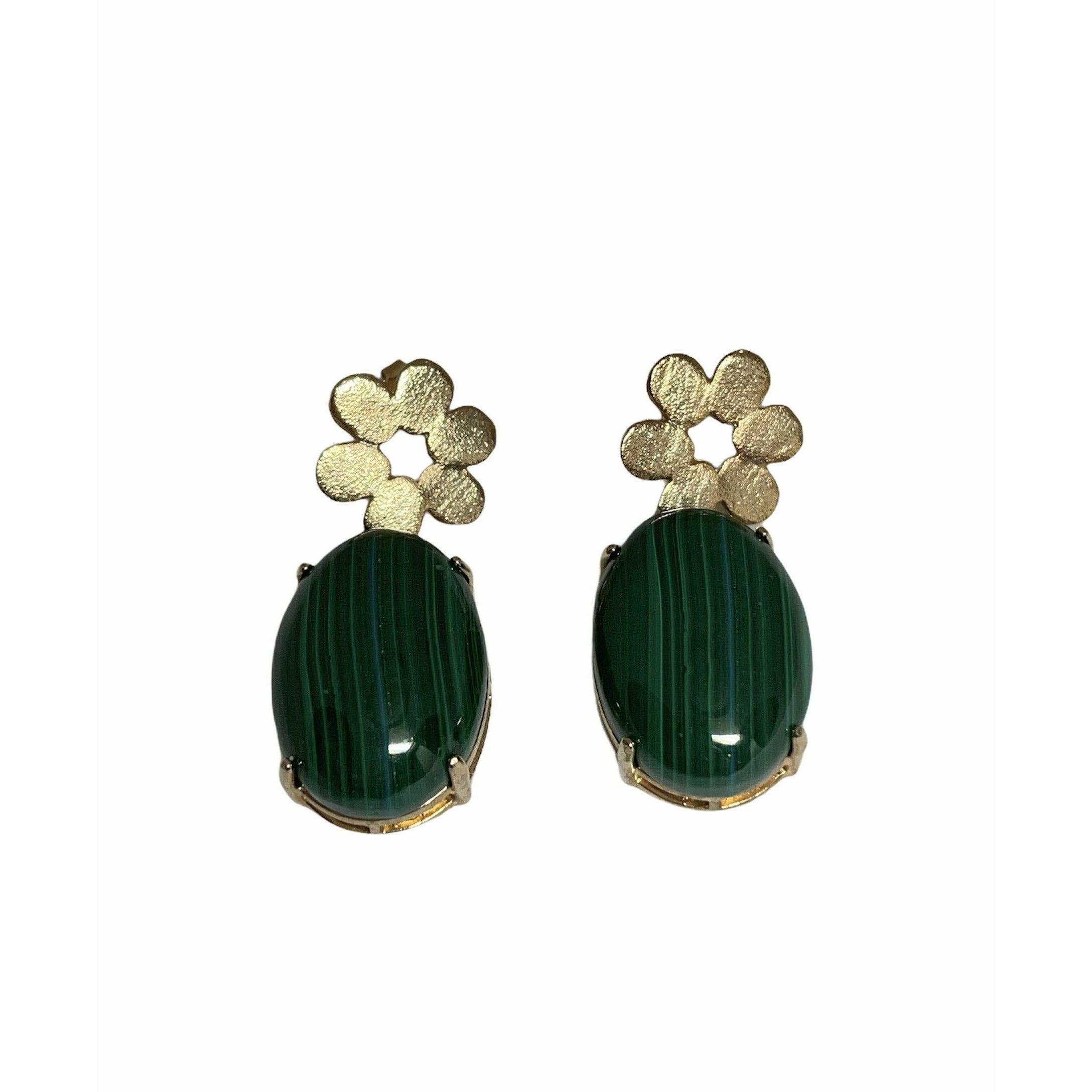 Flower Earrings with Cabochon – Malachite - Anny Stern Jewelry