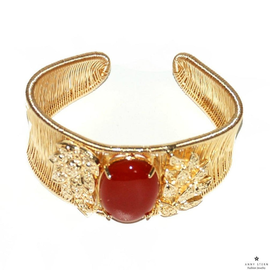 Woven Cabochon Leaf Cuff - Red Agate - Anny Stern Jewelry
