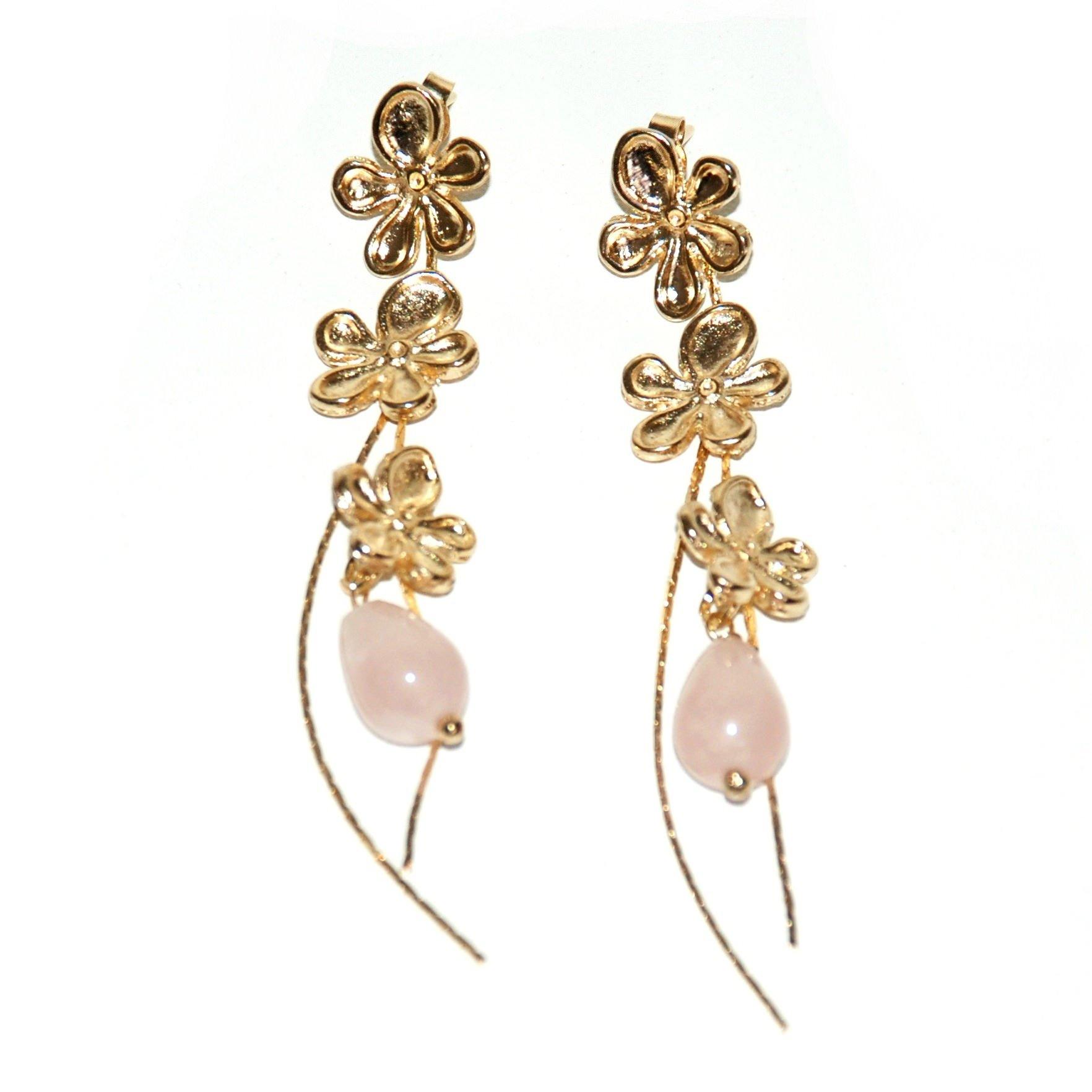 18k gold-filled floral earrings with soft blush rose quartz cabochons in a delicate romantic flower design