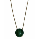 Malachite cabochon necklace with 18k gold-plated chain and polished vibrant green gemstone pendant with natural organic banding