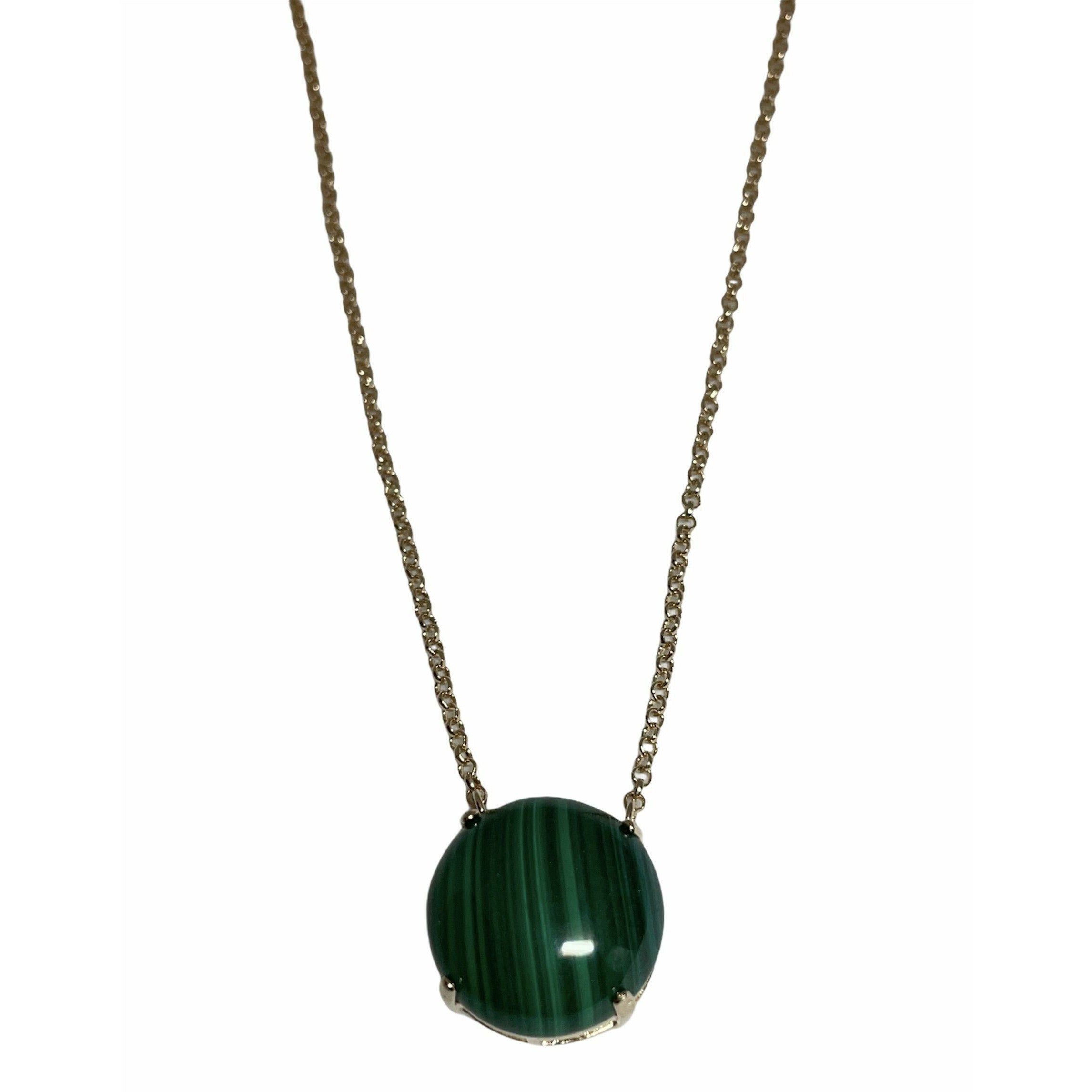 Malachite cabochon necklace with 18k gold-plated chain and polished vibrant green gemstone pendant with natural organic banding