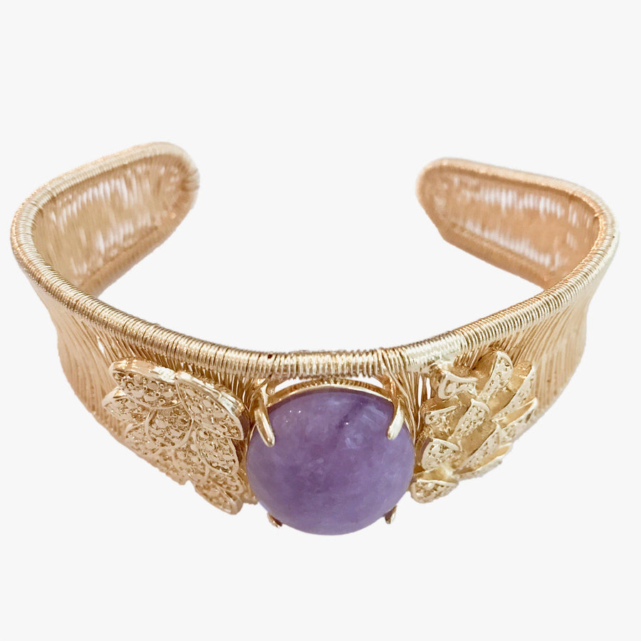 Woven Cabochon Bracelet With Leaf Cuff - Rose D'France Amethyst - Anny Stern Jewelry