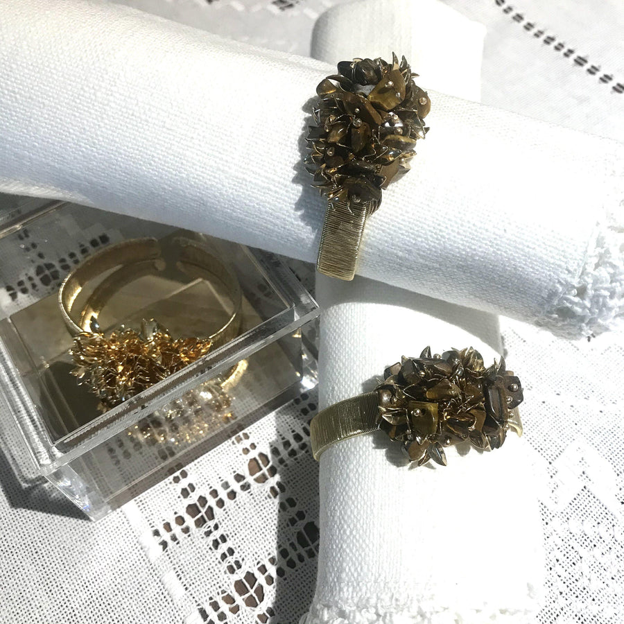 Set of 2 - Leaves & Tiger Eye Cluster Napkin Rings - Anny Stern Jewelry