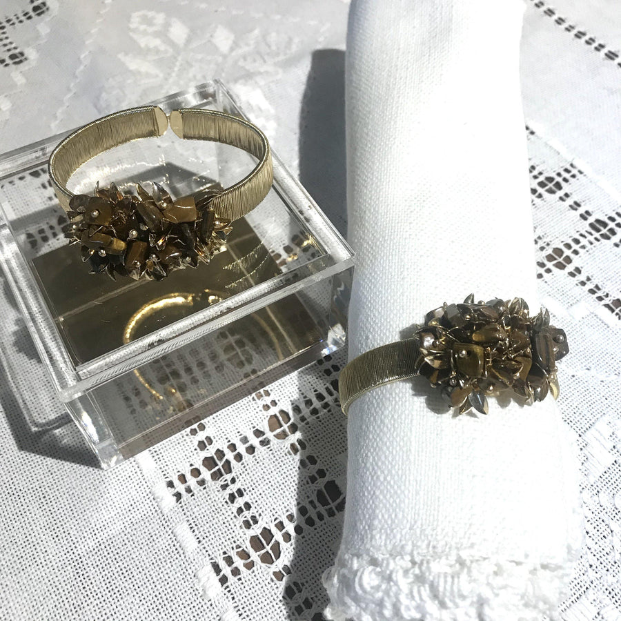 Set of 2 - Leaves & Tiger Eye Cluster Napkin Rings - Anny Stern Jewelry