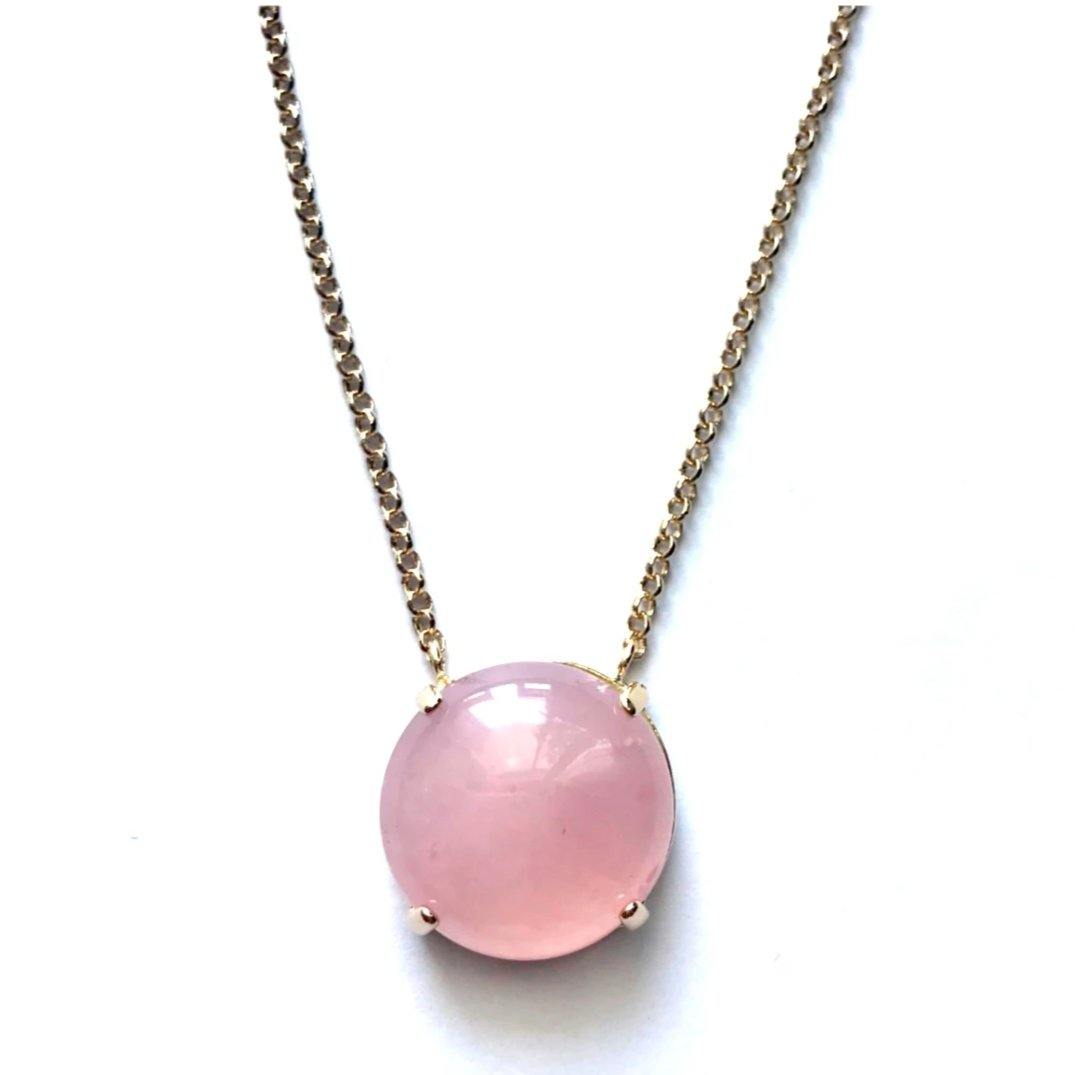 Rose quartz cabochon necklace with 18k gold-plated chain and polished soft blush pink gemstone pendant with pale lavender undertones