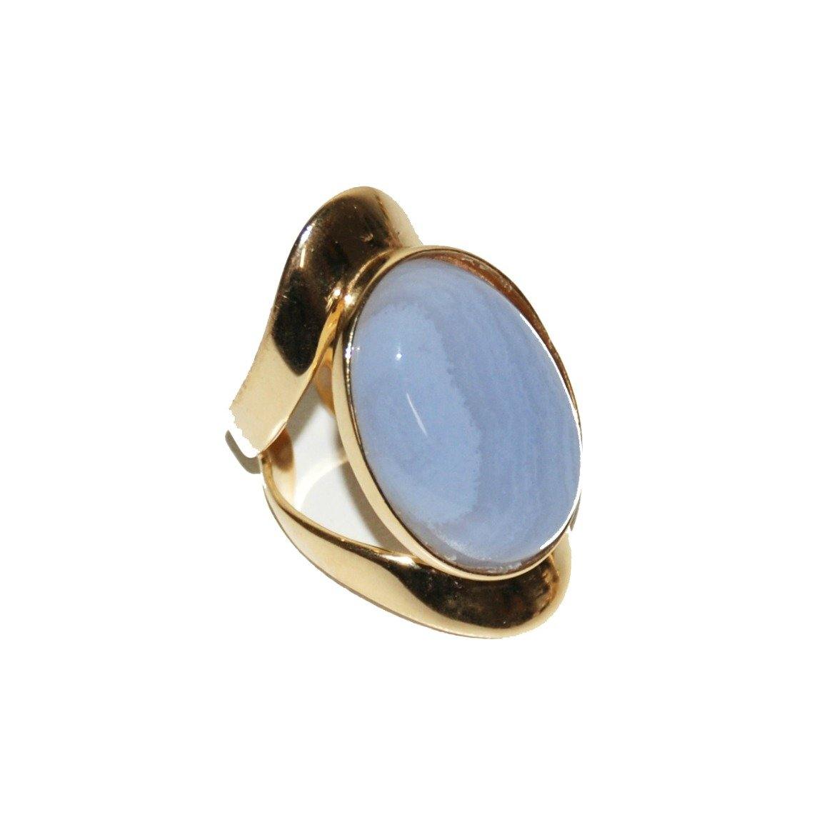 Allure statement ring featuring a natural 25 × 18 mm Blue Lace Agate cabochon with delicate shades of powder blue, soft gray, and creamy white in a sculptural gold-plated setting, ergonomically designed for exceptional comfort.