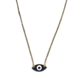 Blue evil eye necklace with gold-plated chain and minimalist protective eye pendant, designed for everyday wear and symbolic protection.