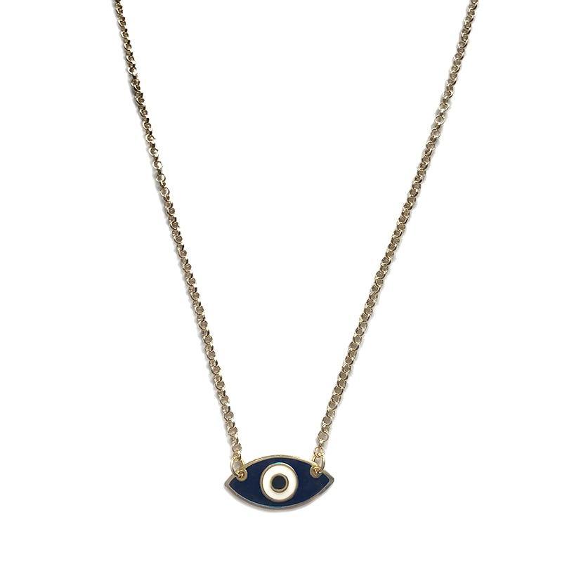 Blue evil eye necklace with gold-plated chain and minimalist protective eye pendant, designed for everyday wear and symbolic protection.
