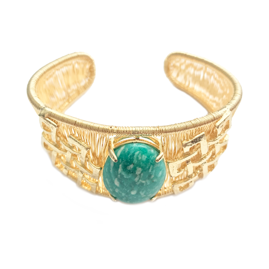 Woven Cabochon Bracelet With Accent Cuff - Dark Amazonite - Anny Stern Jewelry